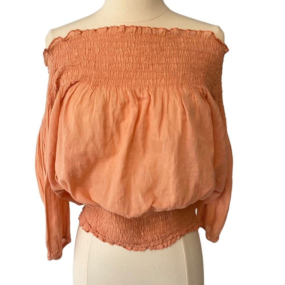 Alcott Ruffle 3/4 Sleeve Top | Ruched Apricot Orange Top Women Size Small